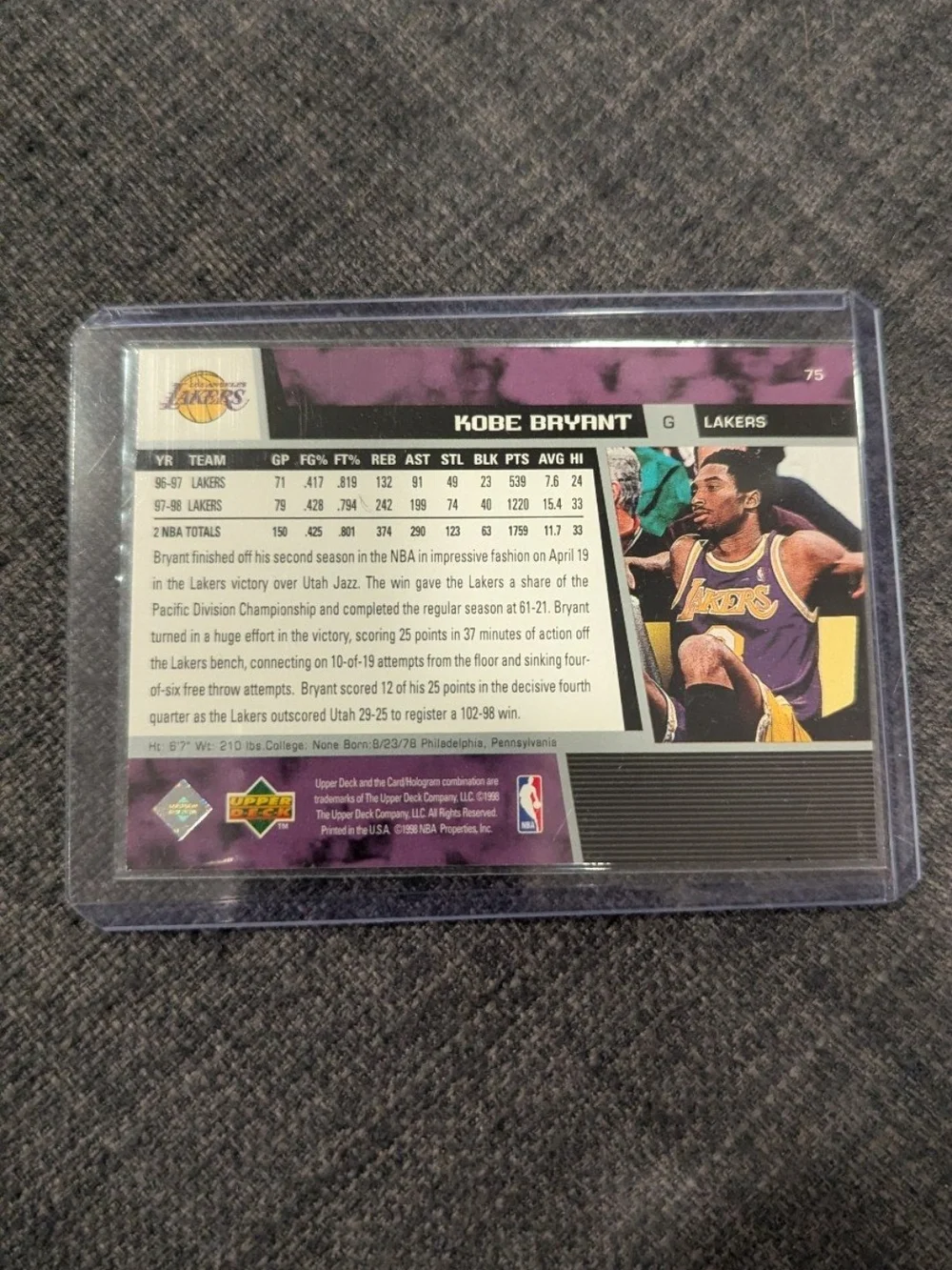 1998-99 Upper Deck Kobe Bryant #75 Game Dated Lakers Win 61 Games HOF